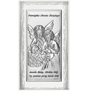 Obrazek srebrny Aniołki nad dzieckiem z podpisem, prostokątny na białym zdobionym drewnie - GRAWER GRATIS !