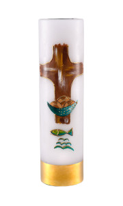 Świeca ołtarzowa na wkład olejowy, ręcznie malowana z krzyżem, chlebem i rybą,  wys. 30/7cm