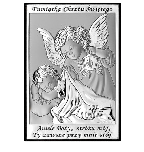 Obrazek srebrny z wizerunkiem Aniołka z latarenką z napisem i modlitwą, prostokątny - GRAWER GRATIS !